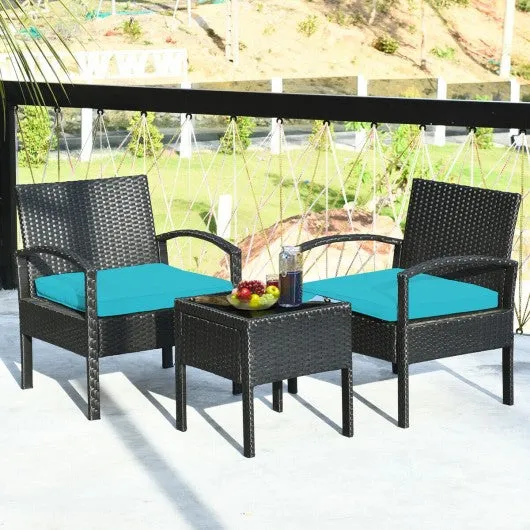 3 Pieces Outdoor Rattan Patio Conversation Set with Seat Cushions-Turquoise