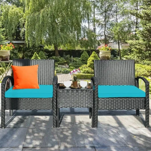 3 Pieces Outdoor Rattan Patio Conversation Set with Seat Cushions-Turquoise