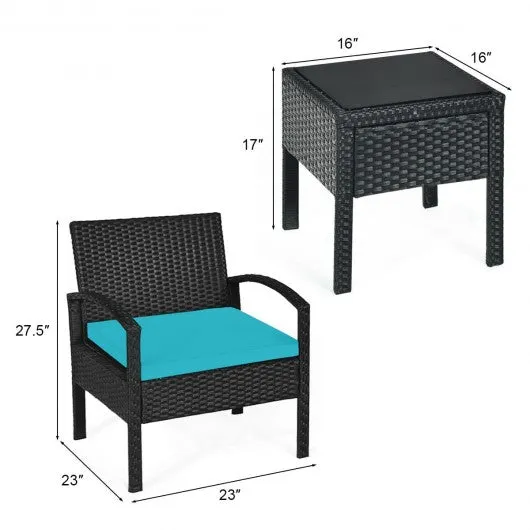 3 Pieces Outdoor Rattan Patio Conversation Set with Seat Cushions-Turquoise