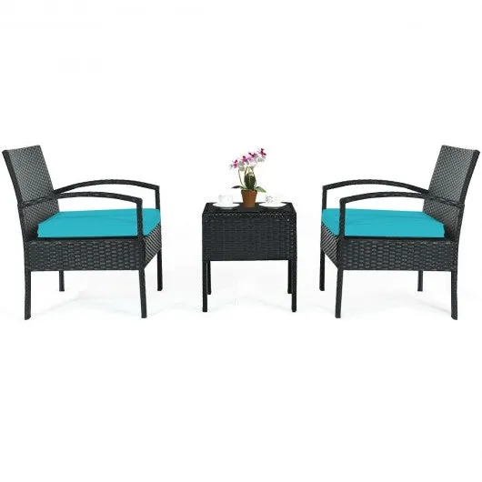 3 Pieces Outdoor Rattan Patio Conversation Set with Seat Cushions-Turquoise