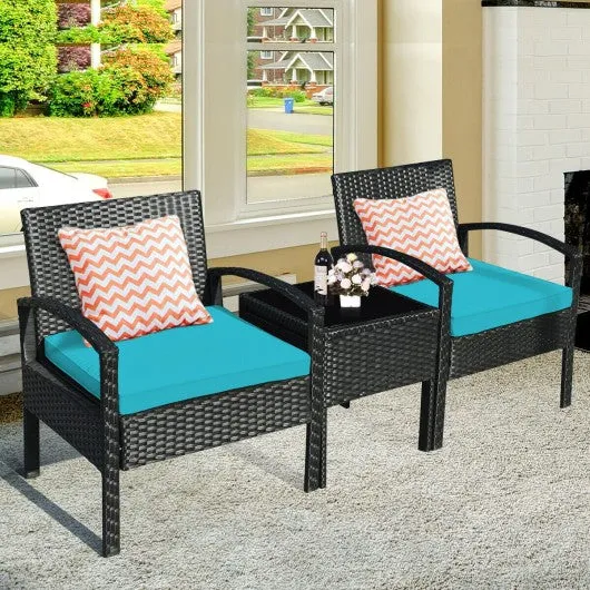 3 Pieces Outdoor Rattan Patio Conversation Set with Seat Cushions-Turquoise