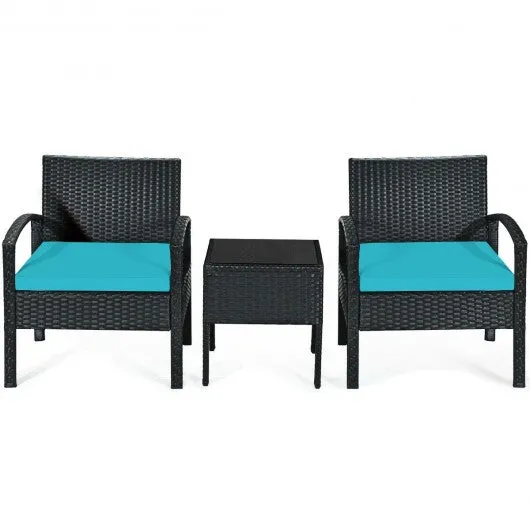 3 Pieces Outdoor Rattan Patio Conversation Set with Seat Cushions-Turquoise