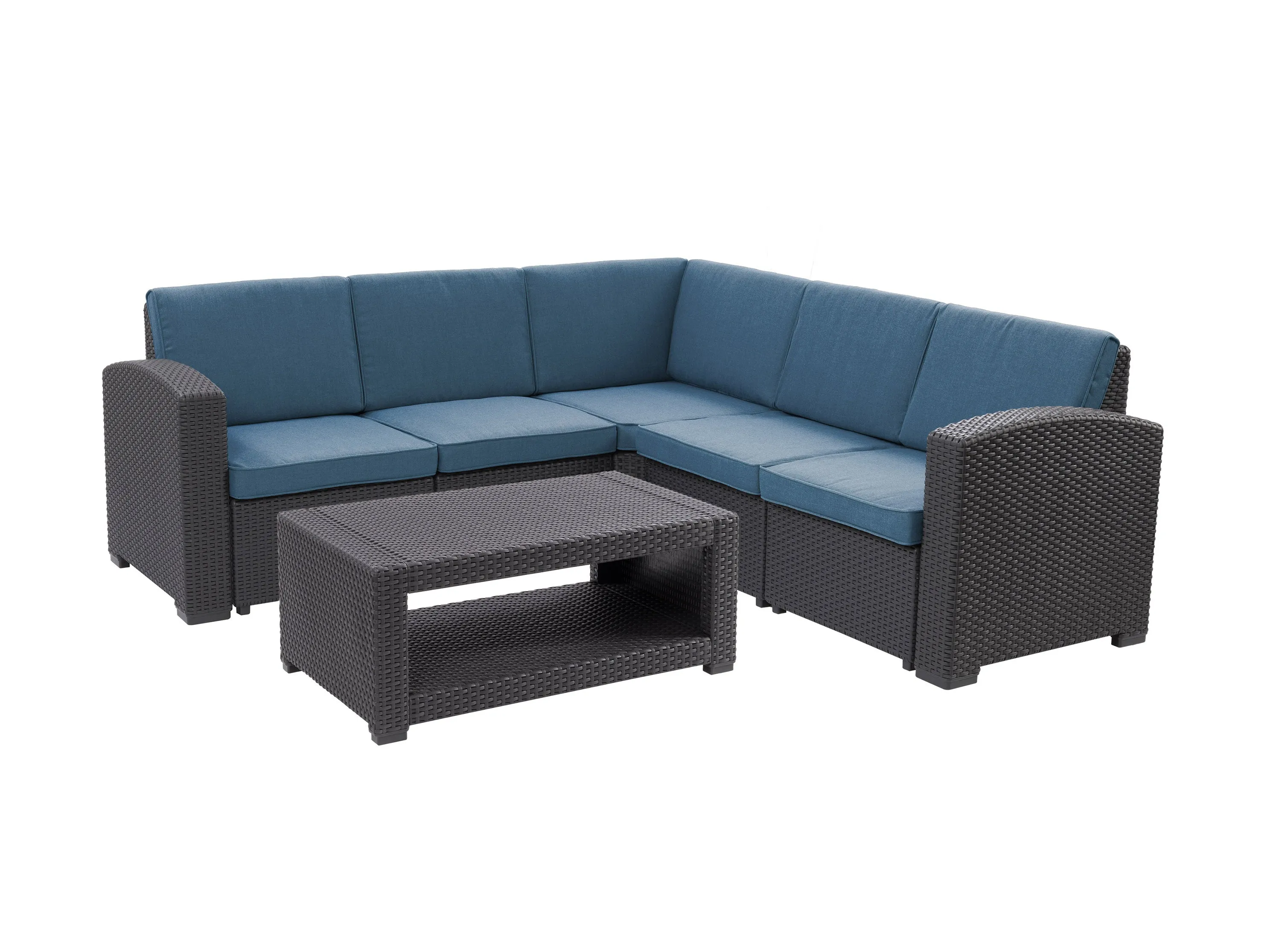 Black and Blue Outdoor Wicker Sectional Set, 6pc