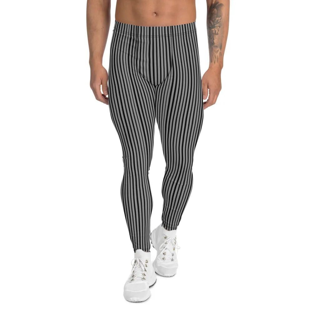 Black Gray Stripes Men's Leggings, Vertically Striped Meggings Compression Tights-Made in USA/EU