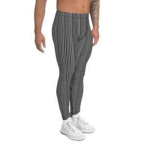 Black Gray Stripes Men's Leggings, Vertically Striped Meggings Compression Tights-Made in USA/EU