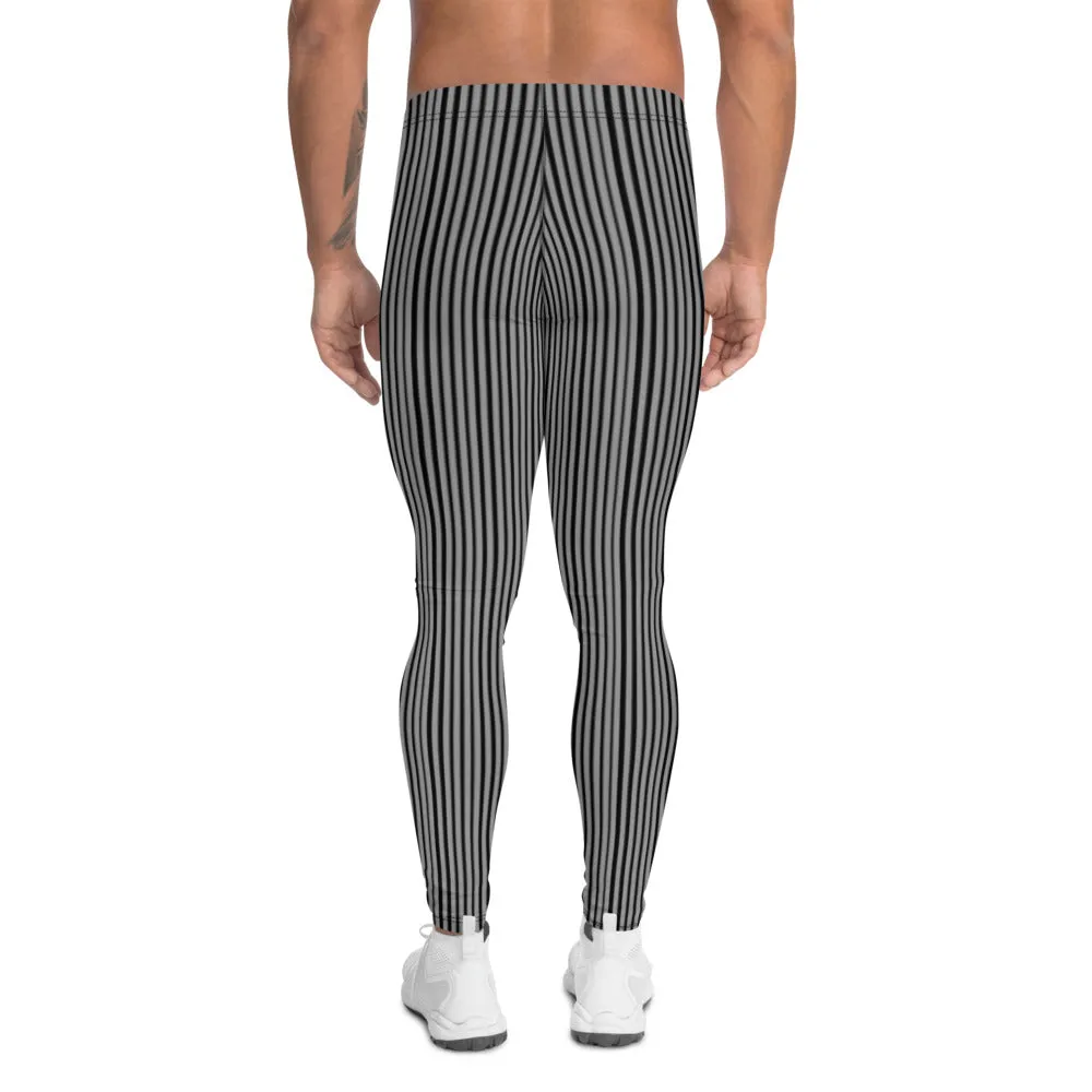 Black Gray Stripes Men's Leggings, Vertically Striped Meggings Compression Tights-Made in USA/EU