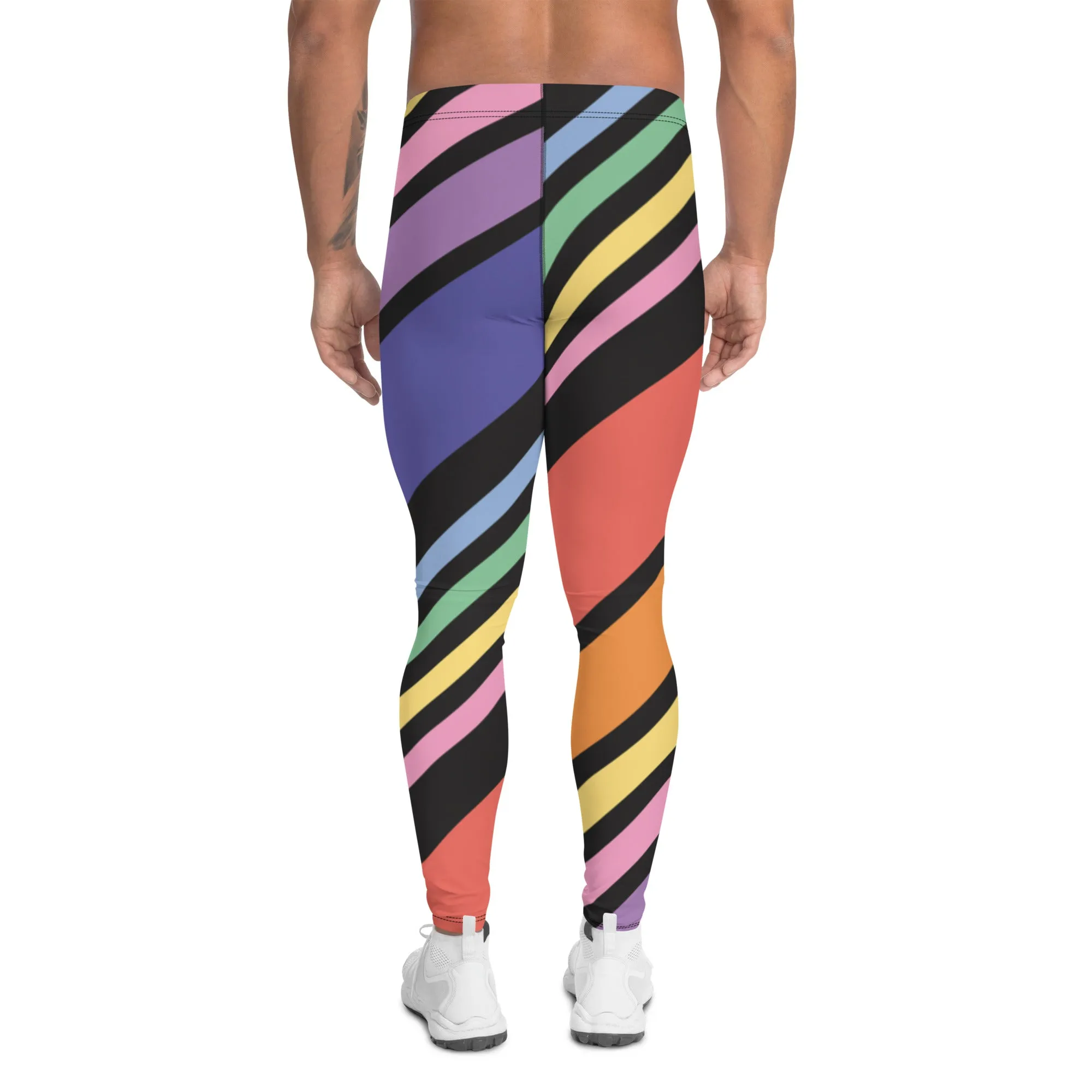 Black Rainbow Stripes Meggings, Colorful Patterned Designer Best Men's Leggings - Made in USA/EU/MX