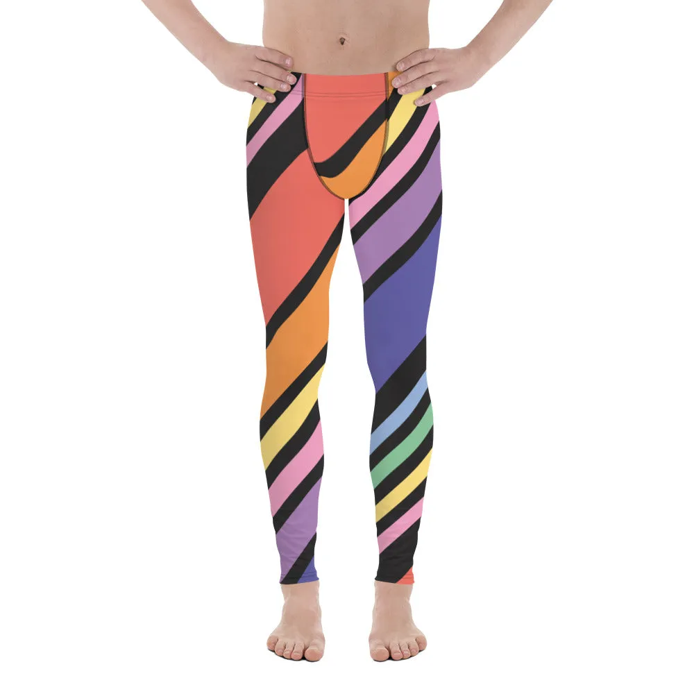 Black Rainbow Stripes Meggings, Colorful Patterned Designer Best Men's Leggings - Made in USA/EU/MX