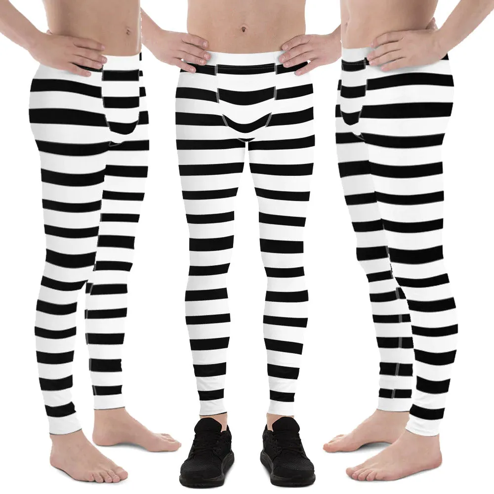 Black Striped Horizontal Print Meggings, White Stripe Horizontal Premium Men's Leggings-Made in USA/EU