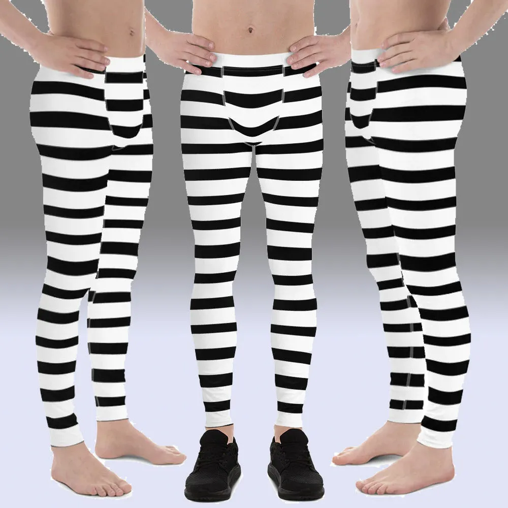 Black Striped Horizontal Print Meggings, White Stripe Horizontal Premium Men's Leggings-Made in USA/EU