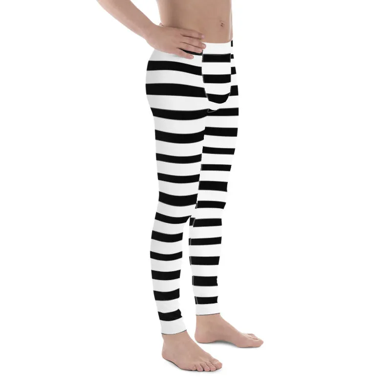 Black Striped Horizontal Print Meggings, White Stripe Horizontal Premium Men's Leggings-Made in USA/EU