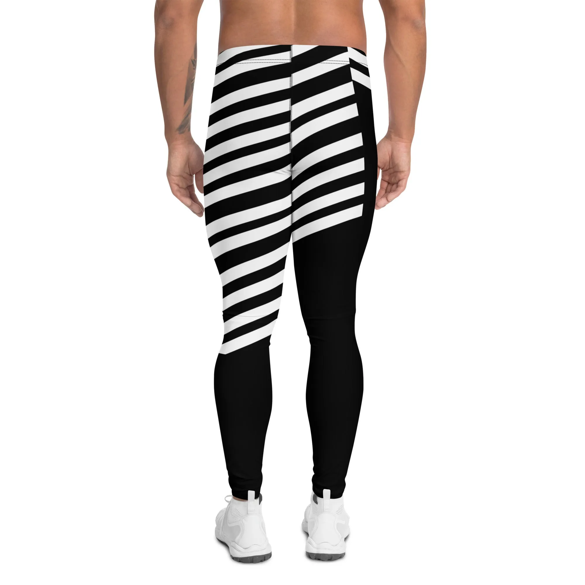 Black White Striped Meggings, Designer Men's Leggings, Designer Minimalist Black White Modern Meggings-Made in USA/EU/MX