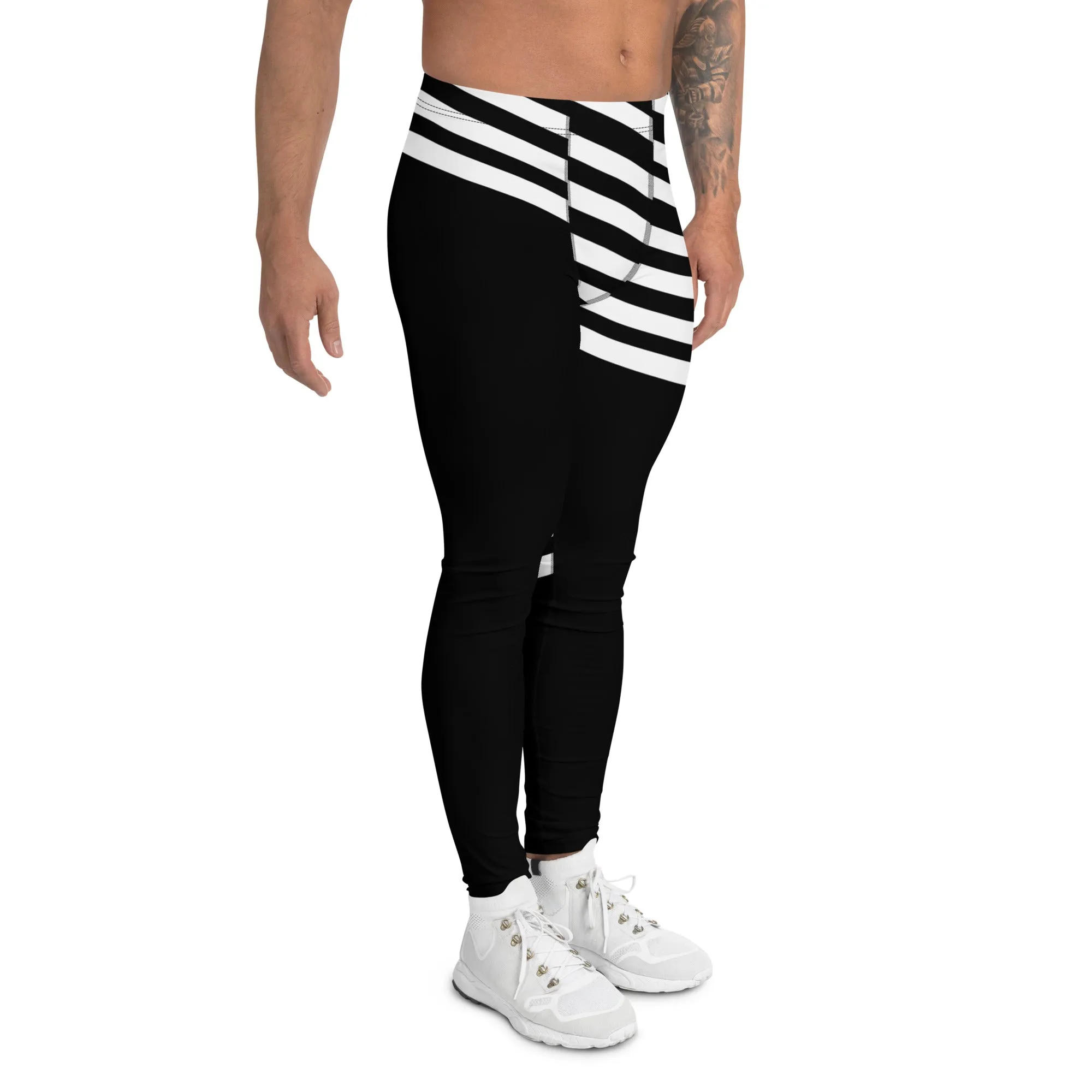 Black White Striped Meggings, Designer Men's Leggings, Designer Minimalist Black White Modern Meggings-Made in USA/EU/MX