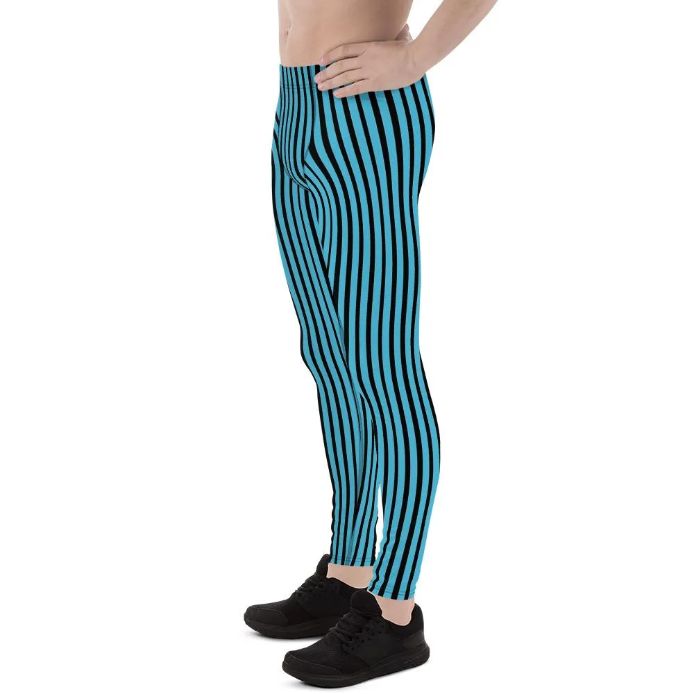 Blue Black Striped Meggings, Vertical Stripe Premium Men's Leggings Running Sports Tights- Made in USA/EU