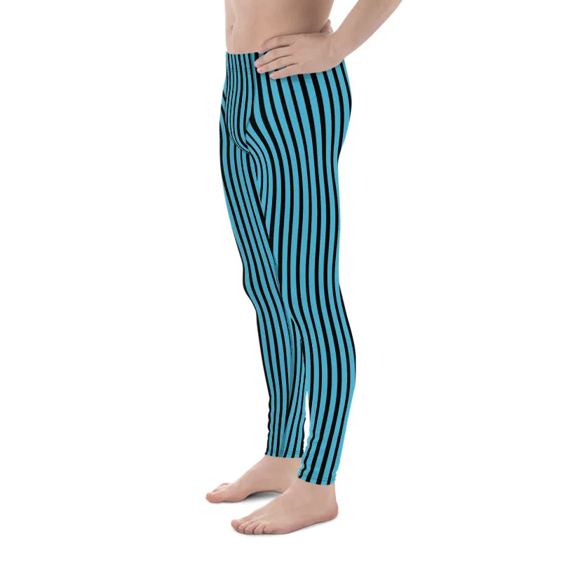 Blue Black Striped Meggings, Vertical Stripe Premium Men's Leggings Running Sports Tights- Made in USA/EU