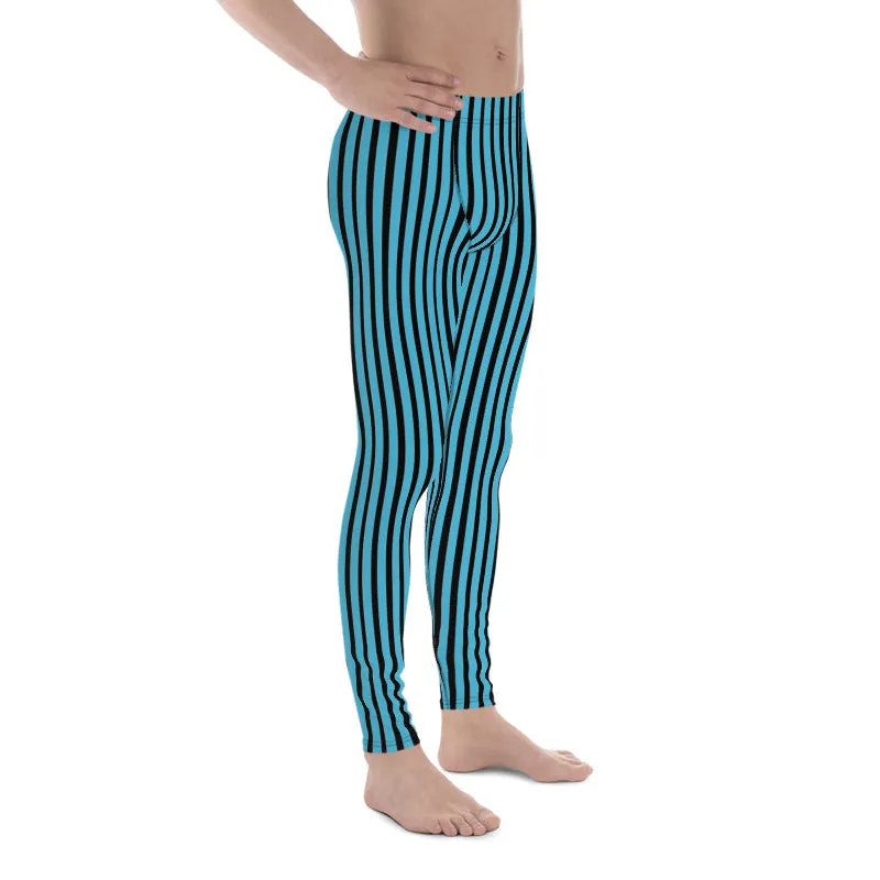 Blue Black Striped Meggings, Vertical Stripe Premium Men's Leggings Running Sports Tights- Made in USA/EU