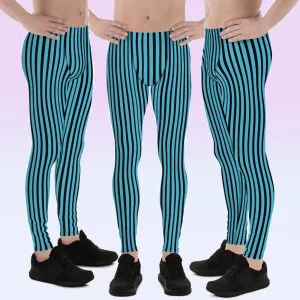 Blue Black Striped Meggings, Vertical Stripe Premium Men's Leggings Running Sports Tights- Made in USA/EU