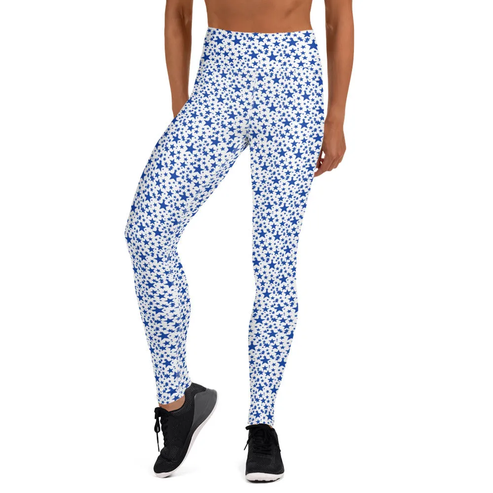 Blue Stars Women's Leggings, Star Pattern Best Fitted Long Yoga Pants- Made in USA/EU