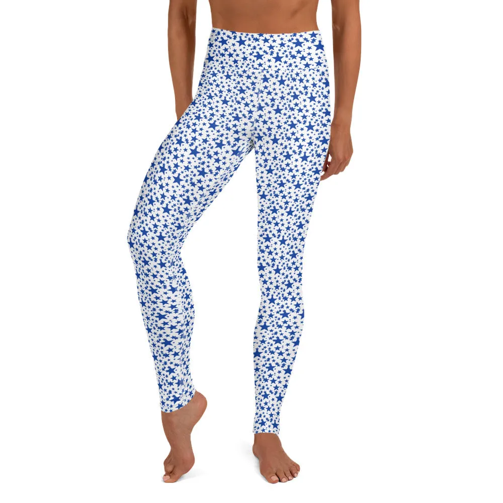 Blue Stars Women's Leggings, Star Pattern Best Fitted Long Yoga Pants- Made in USA/EU