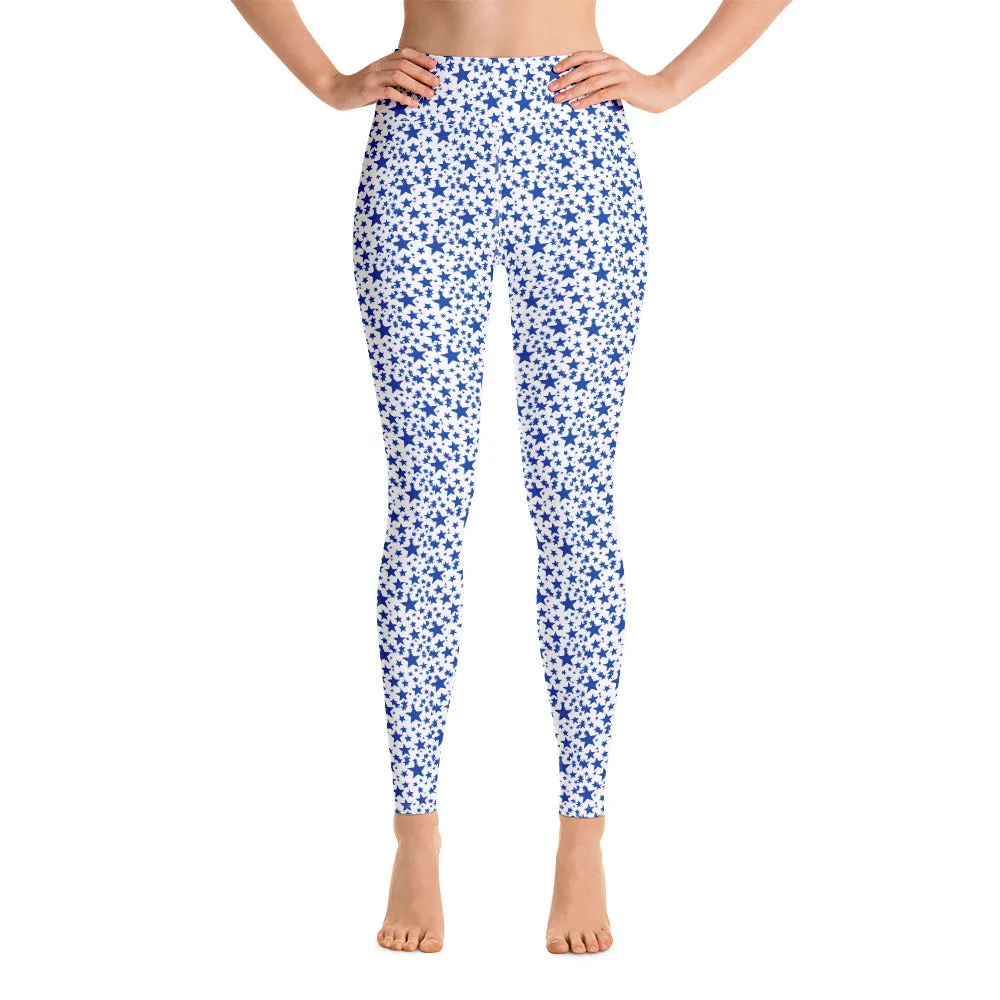 Blue Stars Women's Leggings, Star Pattern Best Fitted Long Yoga Pants- Made in USA/EU