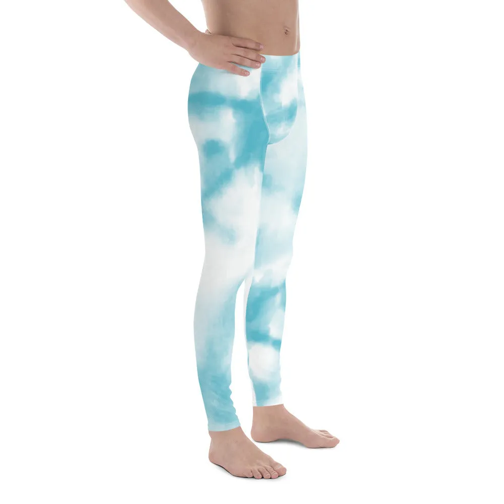 Blue Tie Dye Meggings, Designer Abstract Pastel Men's Leggings Compression Tights For Men - Made in USA/EU/MX