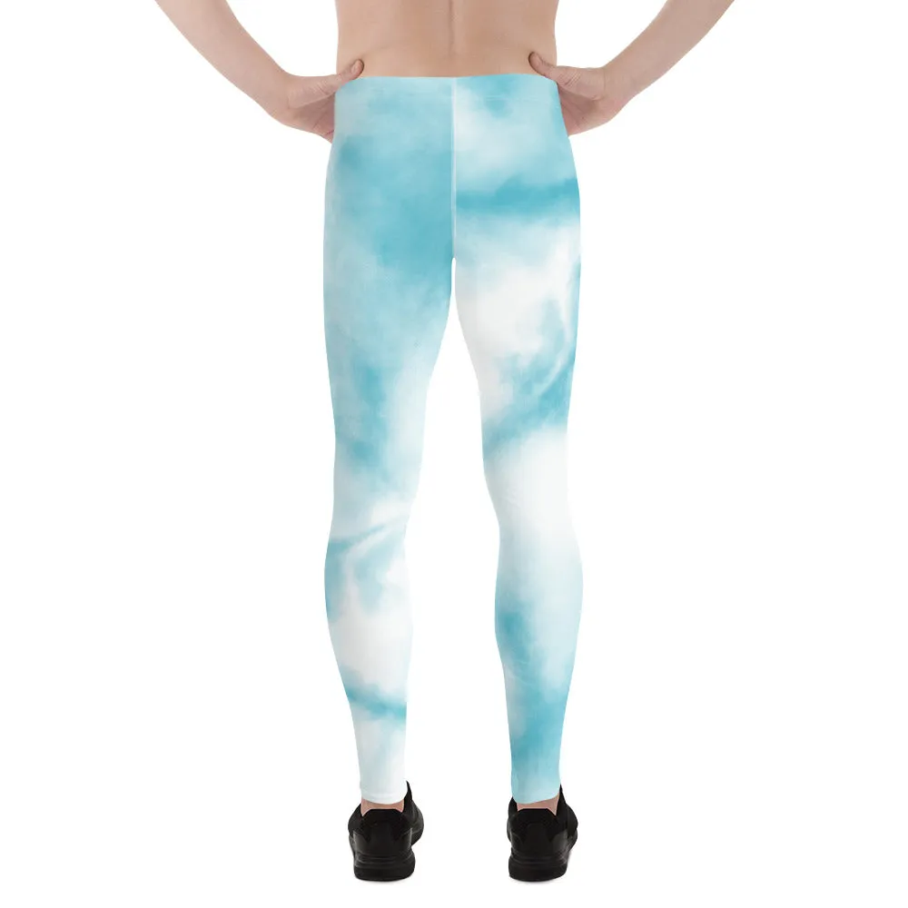 Blue Tie Dye Meggings, Designer Abstract Pastel Men's Leggings Compression Tights For Men - Made in USA/EU/MX