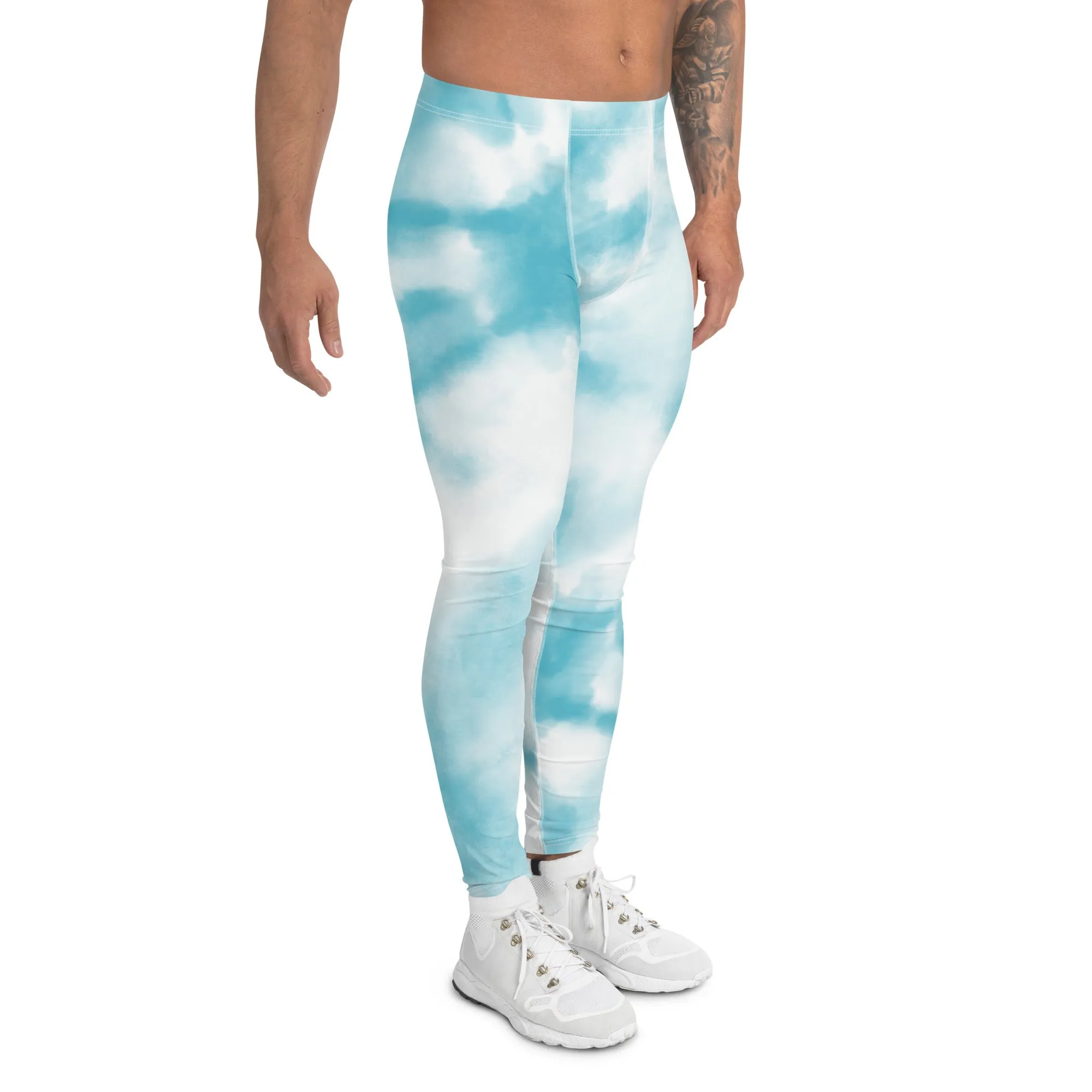 Blue Tie Dye Meggings, Designer Abstract Pastel Men's Leggings Compression Tights For Men - Made in USA/EU/MX