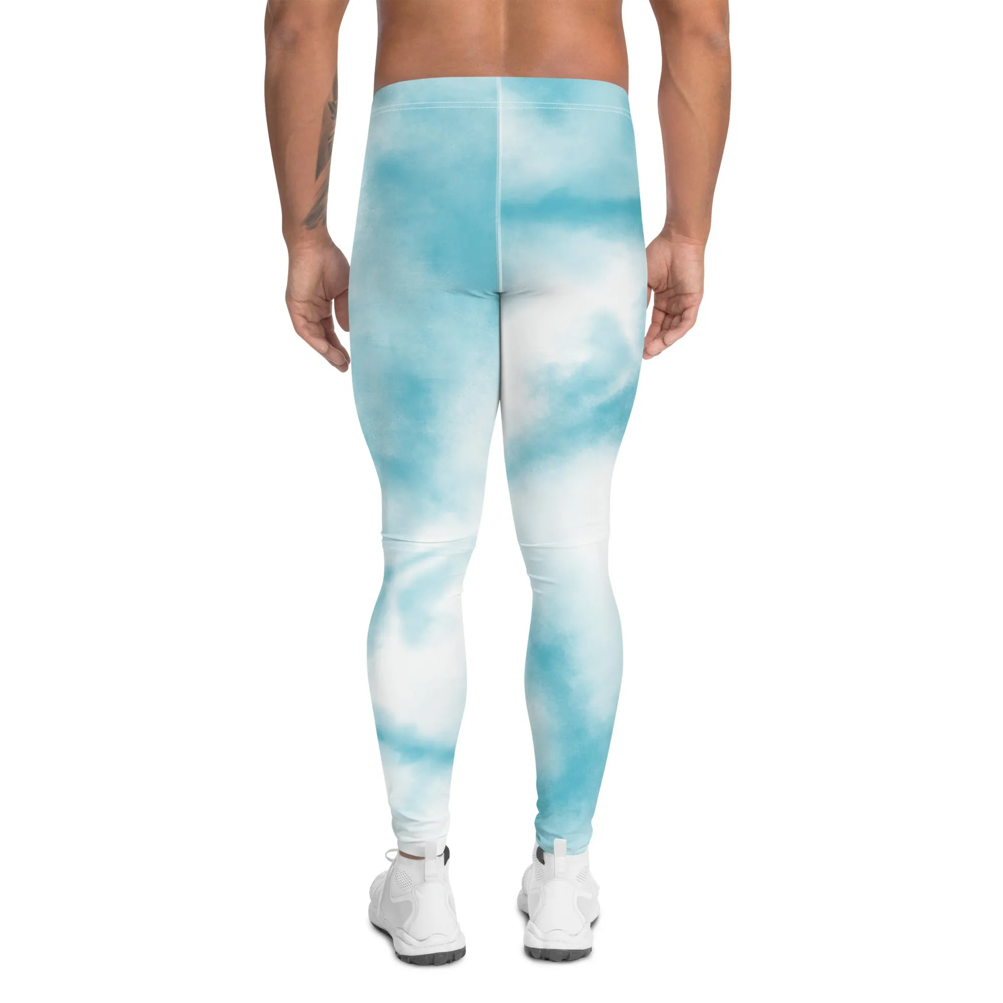 Blue Tie Dye Meggings, Designer Abstract Pastel Men's Leggings Compression Tights For Men - Made in USA/EU/MX