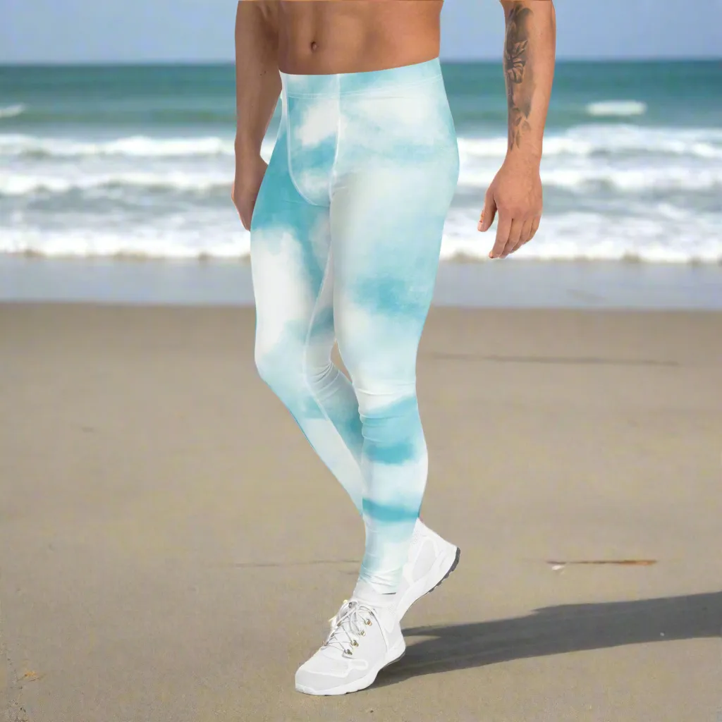 Blue Tie Dye Meggings, Designer Abstract Pastel Men's Leggings Compression Tights For Men - Made in USA/EU/MX