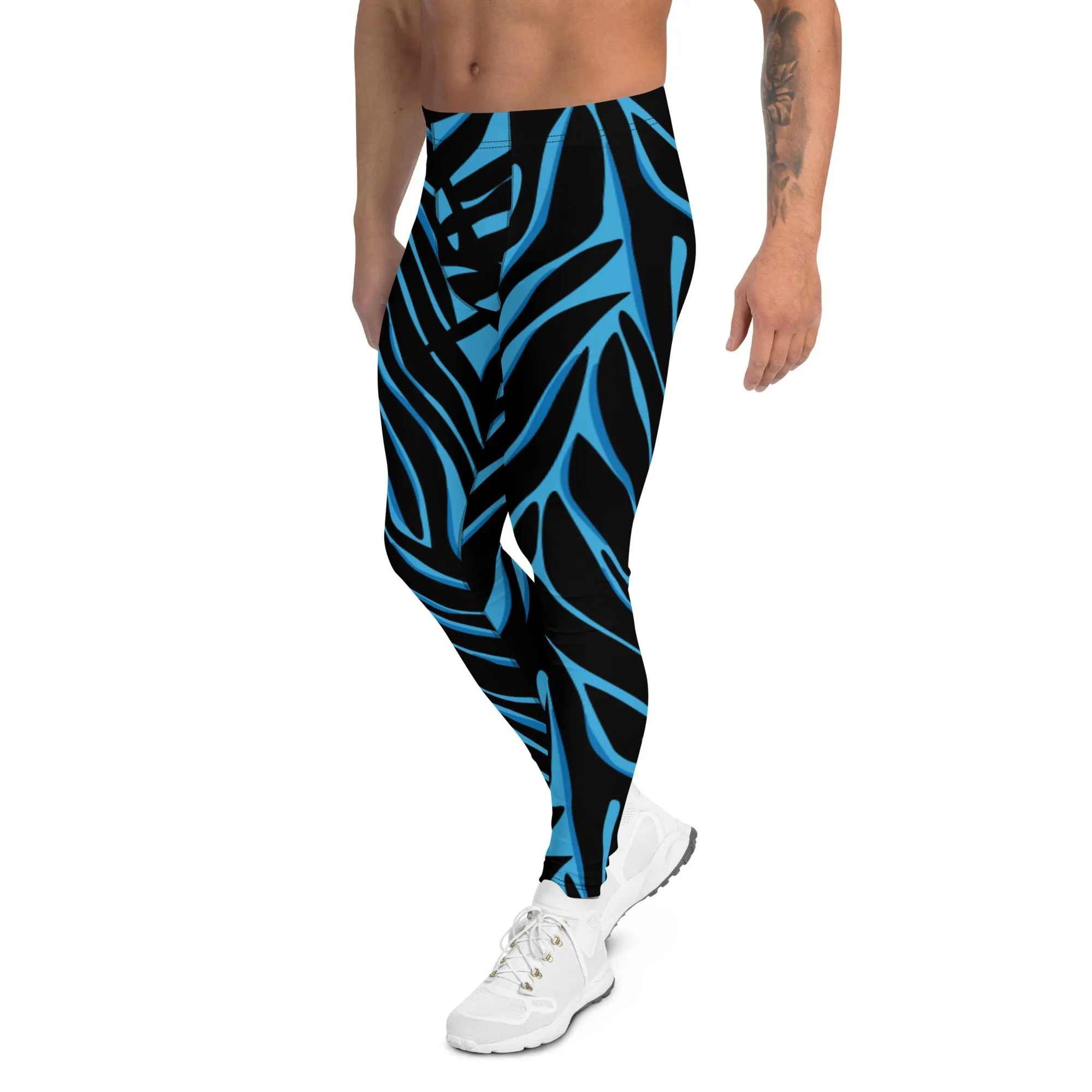 Blue Tiger Striped Men's Leggings, Blue Tiger Leggings, Blue Tiger Pants For Men - Made in USA/EU/MX