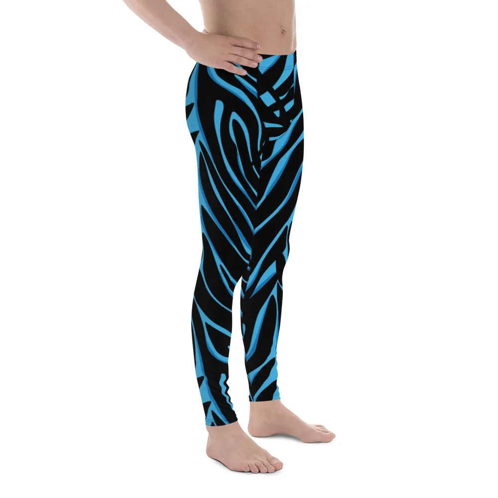 Blue Tiger Striped Men's Leggings, Blue Tiger Leggings, Blue Tiger Pants For Men - Made in USA/EU/MX