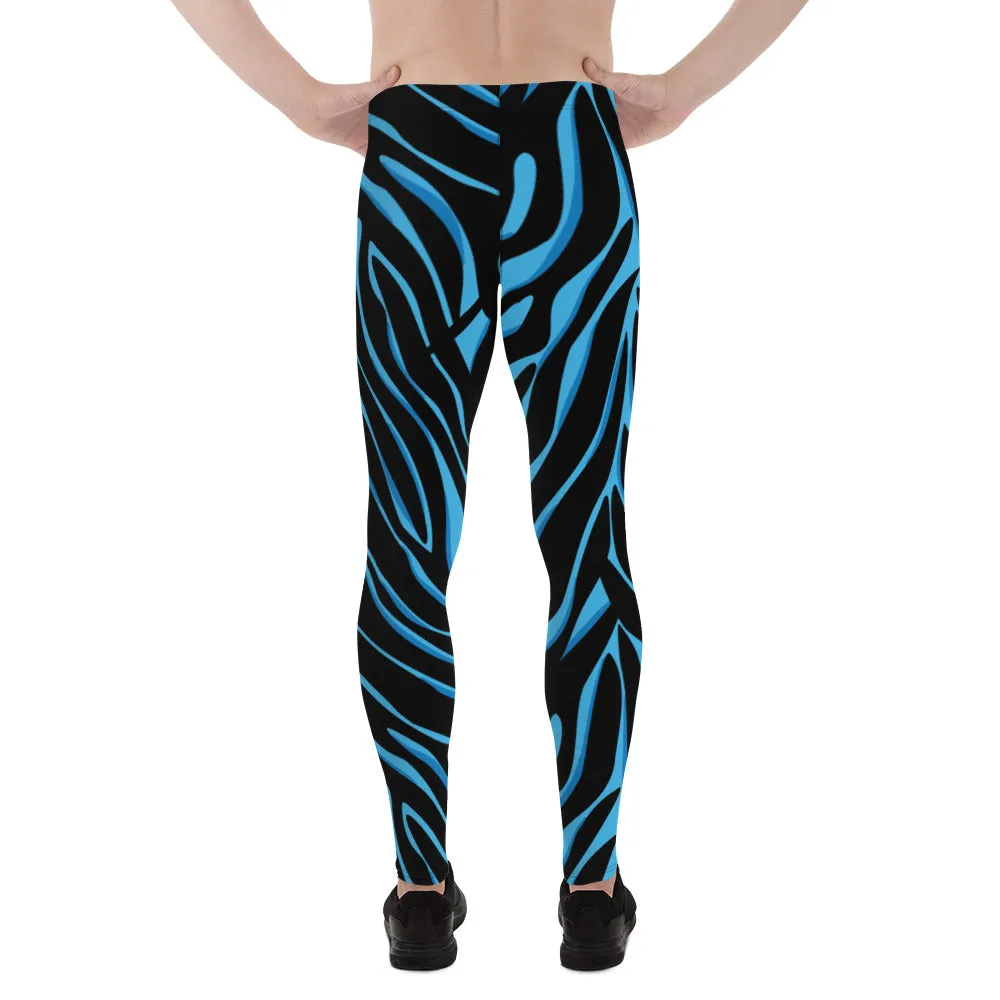 Blue Tiger Striped Men's Leggings, Blue Tiger Leggings, Blue Tiger Pants For Men - Made in USA/EU/MX