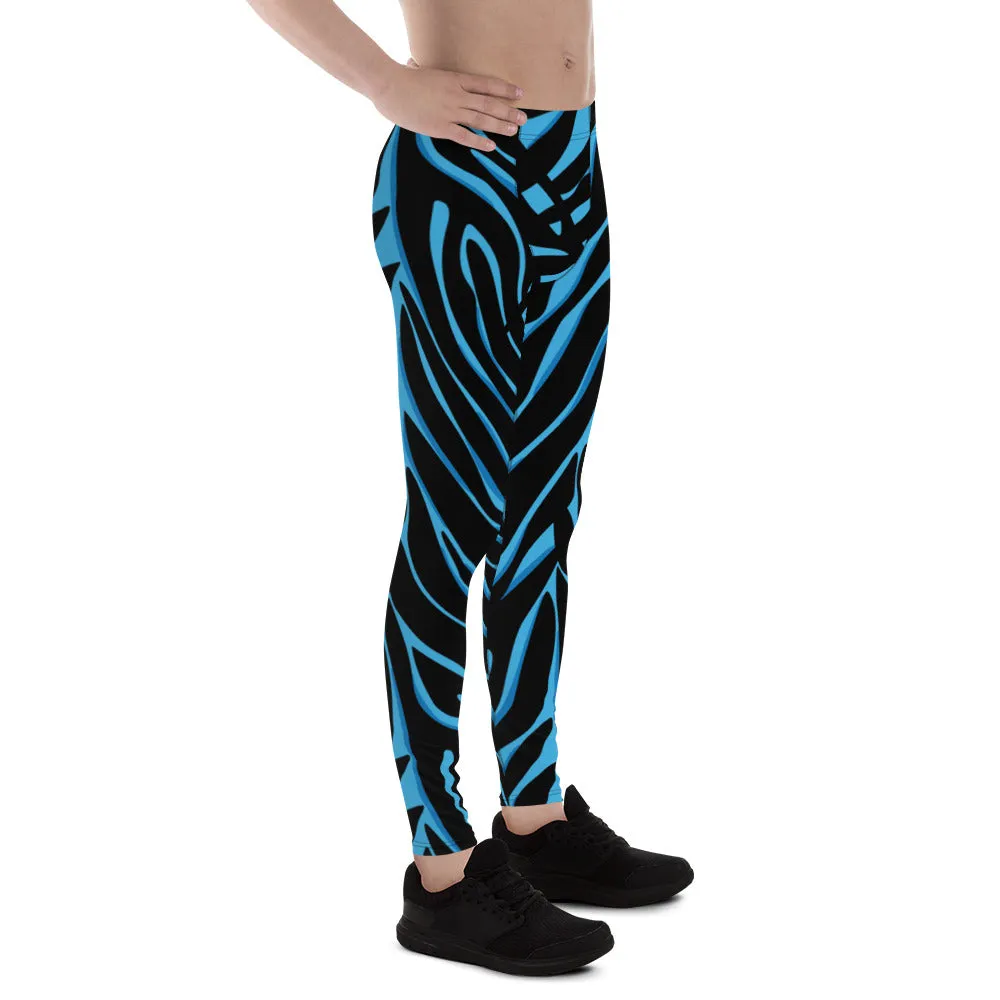 Blue Tiger Striped Men's Leggings, Blue Tiger Leggings, Blue Tiger Pants For Men - Made in USA/EU/MX