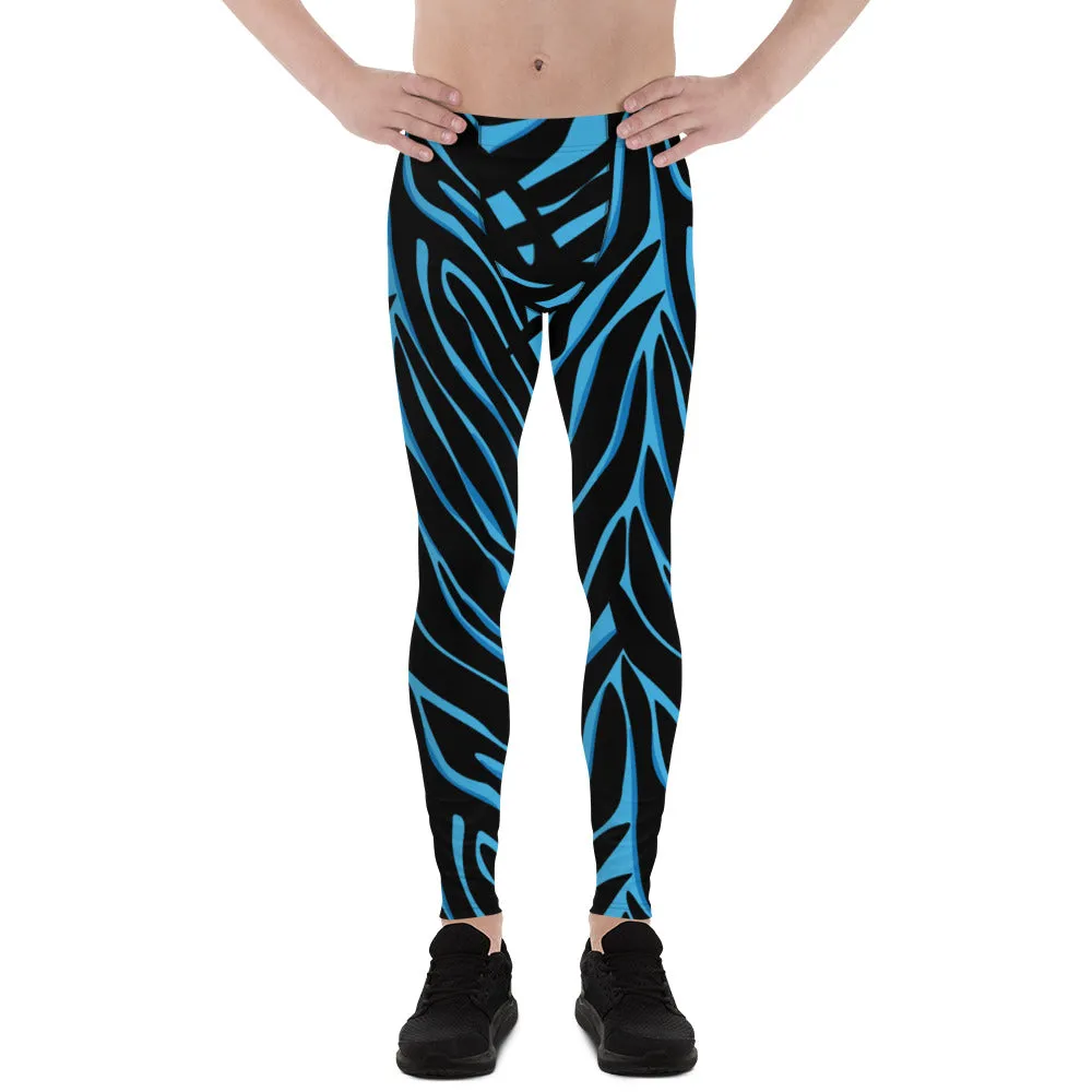 Blue Tiger Striped Men's Leggings, Blue Tiger Leggings, Blue Tiger Pants For Men - Made in USA/EU/MX