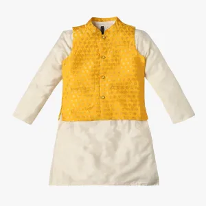 Boy's Regular Fit Jacquard Kurta & Pant with Jacket Set