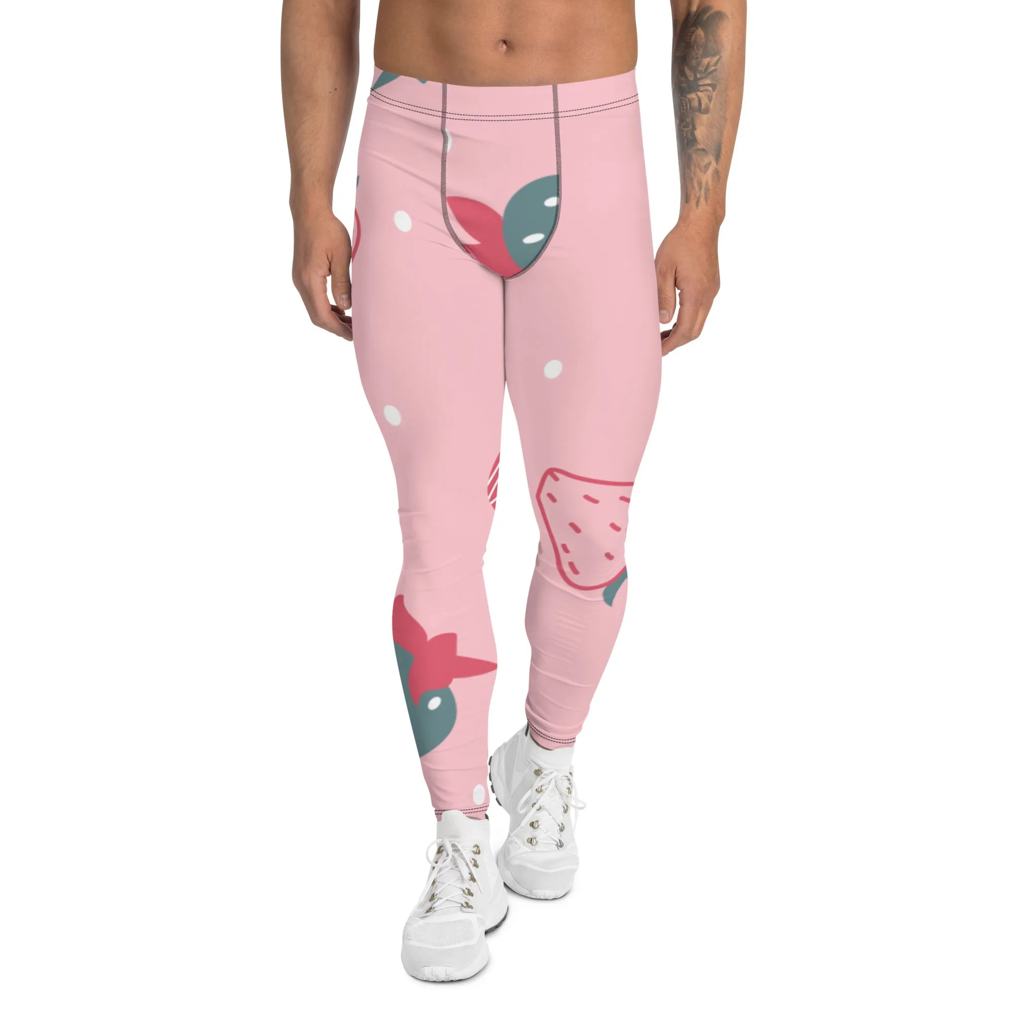 Cute Pink Strawberry Men's Leggings, Pink Abstract Strawberry Print Premium Designer Men's Tight Pants - Made in USA/EU/MX