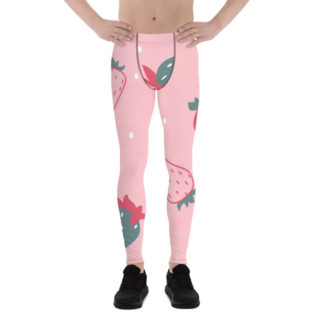 Cute Pink Strawberry Men's Leggings, Pink Abstract Strawberry Print Premium Designer Men's Tight Pants - Made in USA/EU/MX