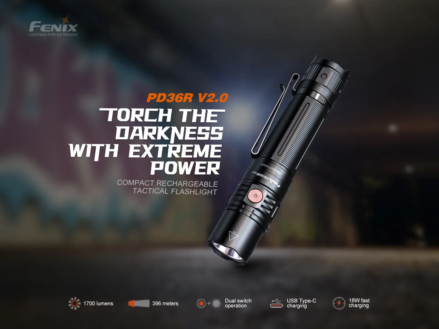 Fenix PD36R V2 Tactical LED Flashlight - Blaze Cerakote Finish