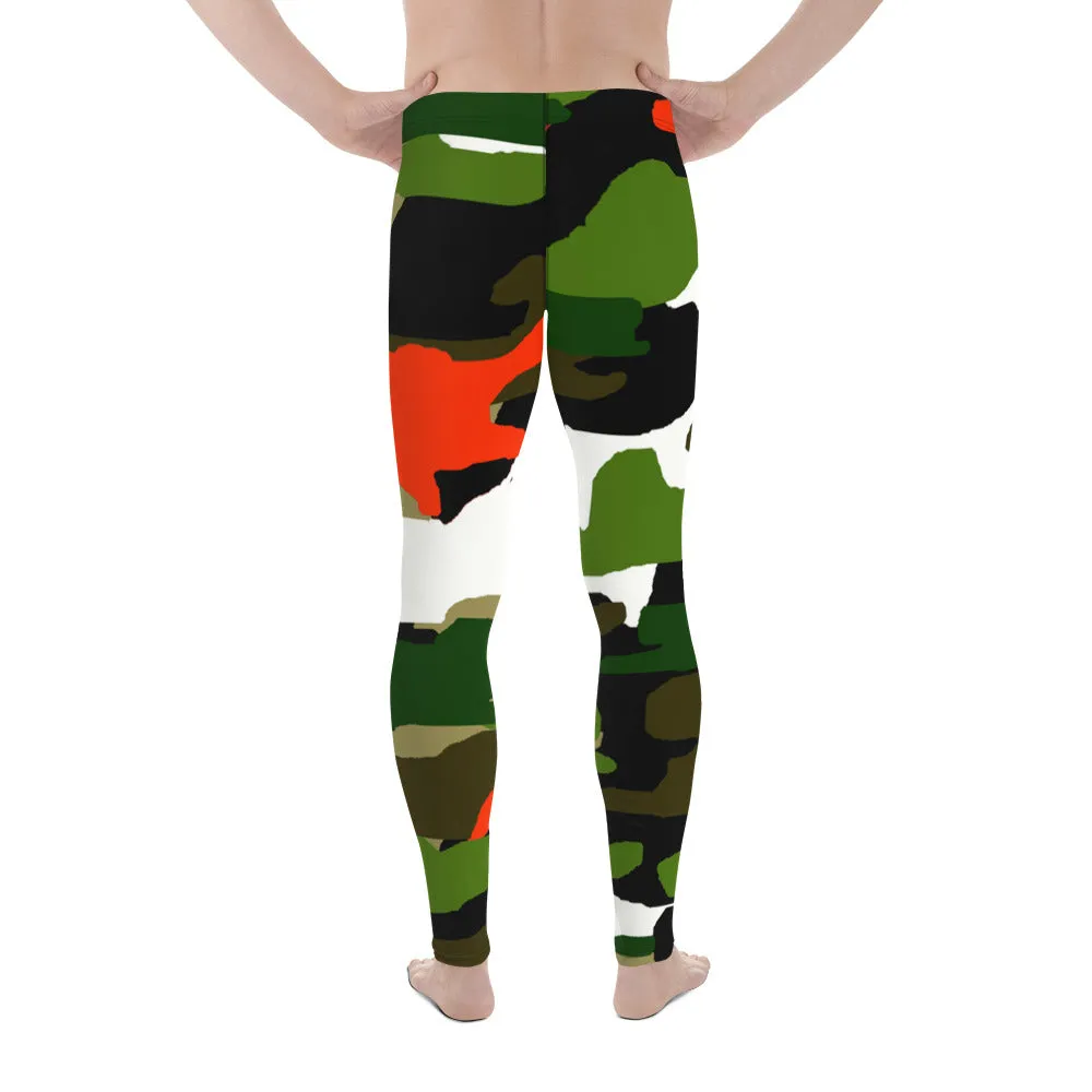 Green Camo Print Men's Tights, Best Green Orange Red Camouflage Military Amy Print 38-40 UPF Fashion Men's Leggings