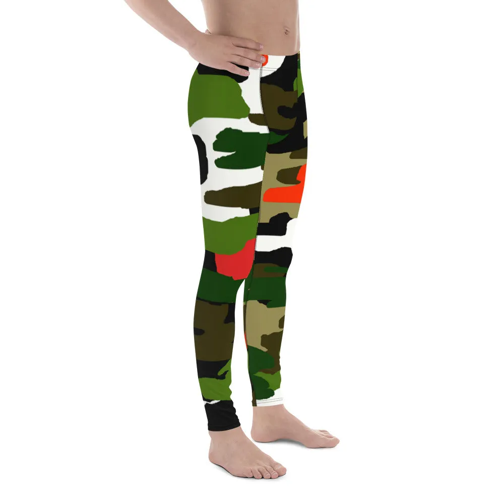 Green Camo Print Men's Tights, Best Green Orange Red Camouflage Military Amy Print 38-40 UPF Fashion Men's Leggings