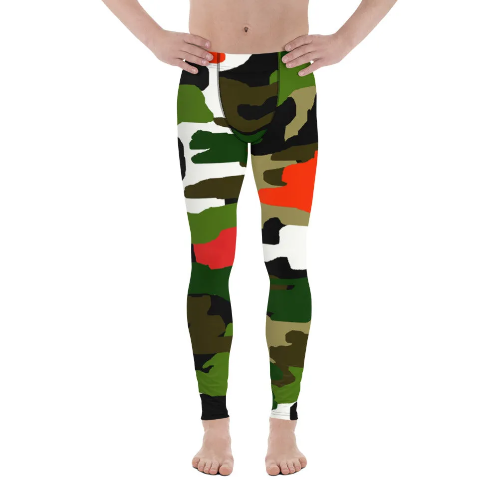 Green Camo Print Men's Tights, Best Green Orange Red Camouflage Military Amy Print 38-40 UPF Fashion Men's Leggings