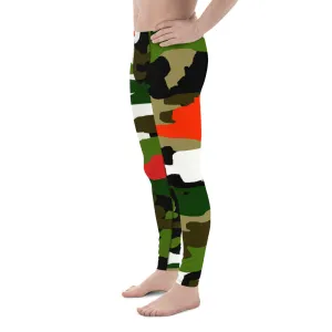 Green Camo Print Men's Tights, Best Green Orange Red Camouflage Military Amy Print 38-40 UPF Fashion Men's Leggings