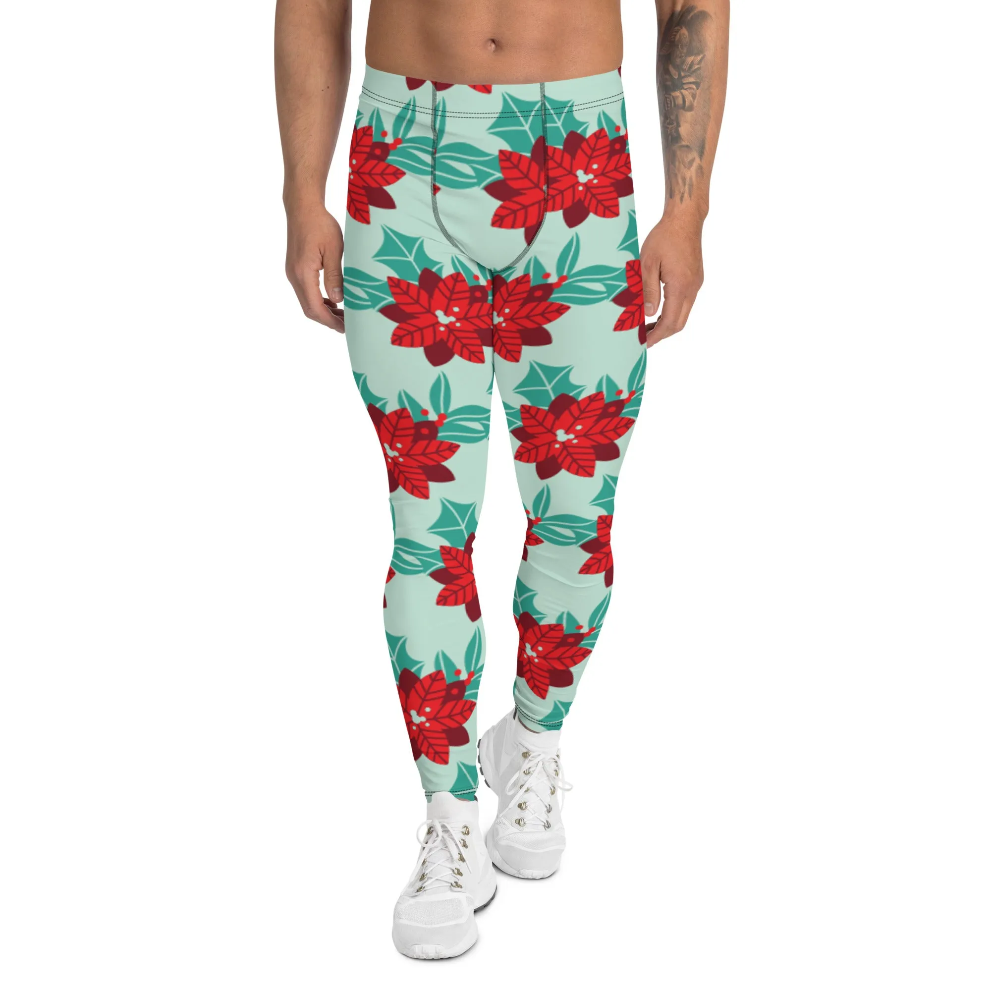 Green Christmas Holiday Men's Leggings, Green & Red Xmas Flower Designer Men's Leggings-Made in USA/MX/EU