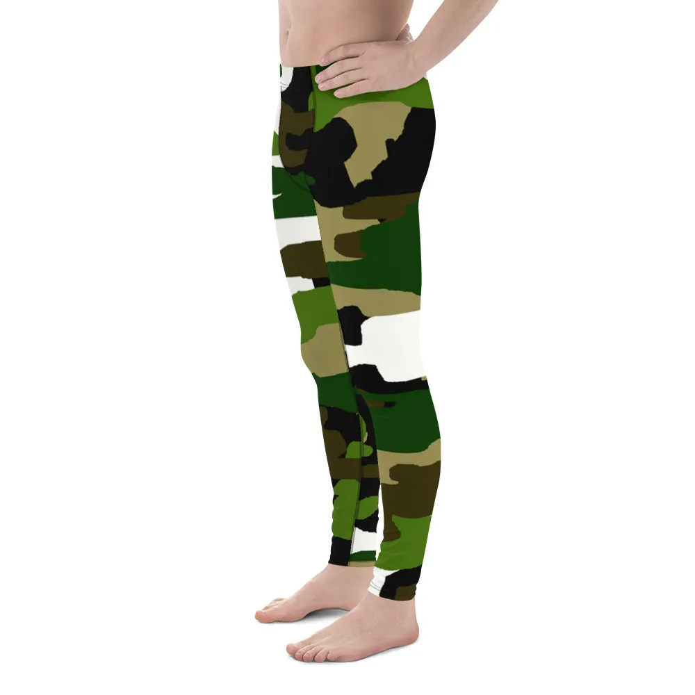 Green White Camo Men Tights, Camouflage Military Amy Print Men's Leggings Tights-Made in USA/EU