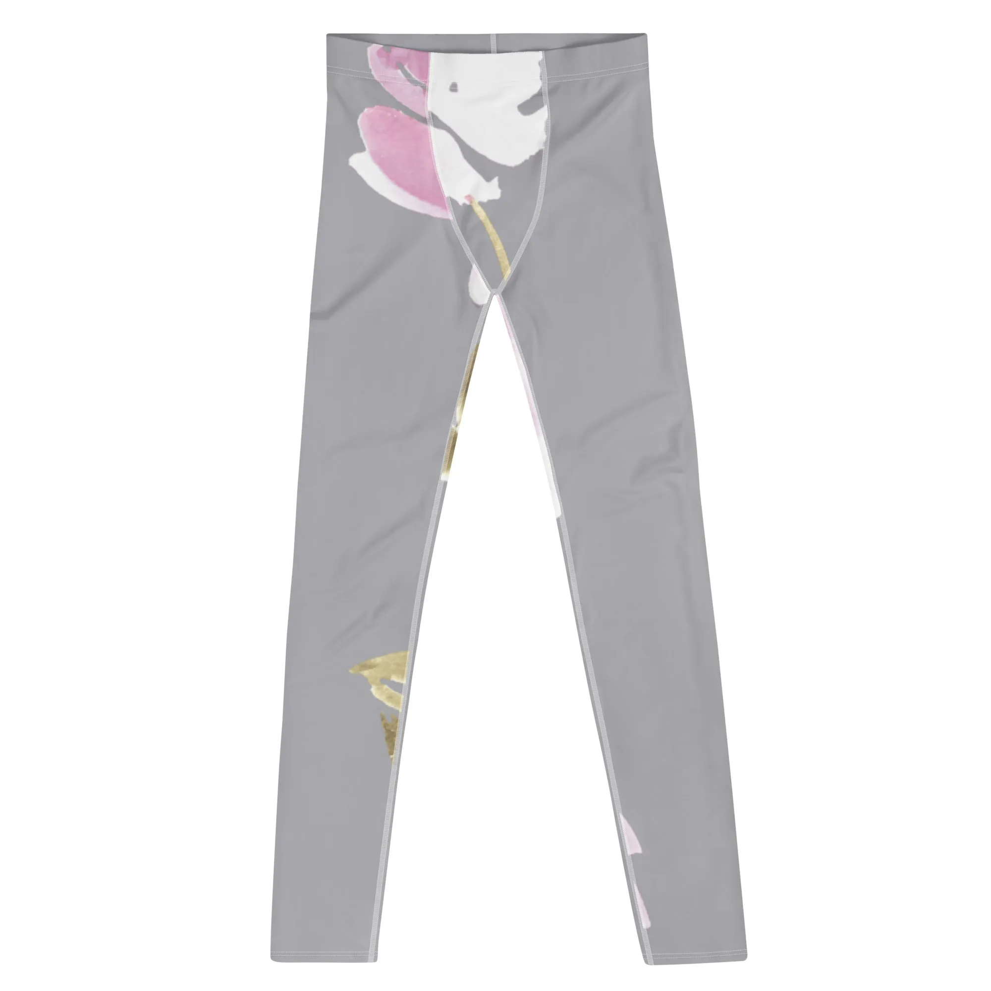 Grey Floral Print Men's Leggings, Flower Printed Designer Meggings Compression Tights-Made in USA/EU/MX