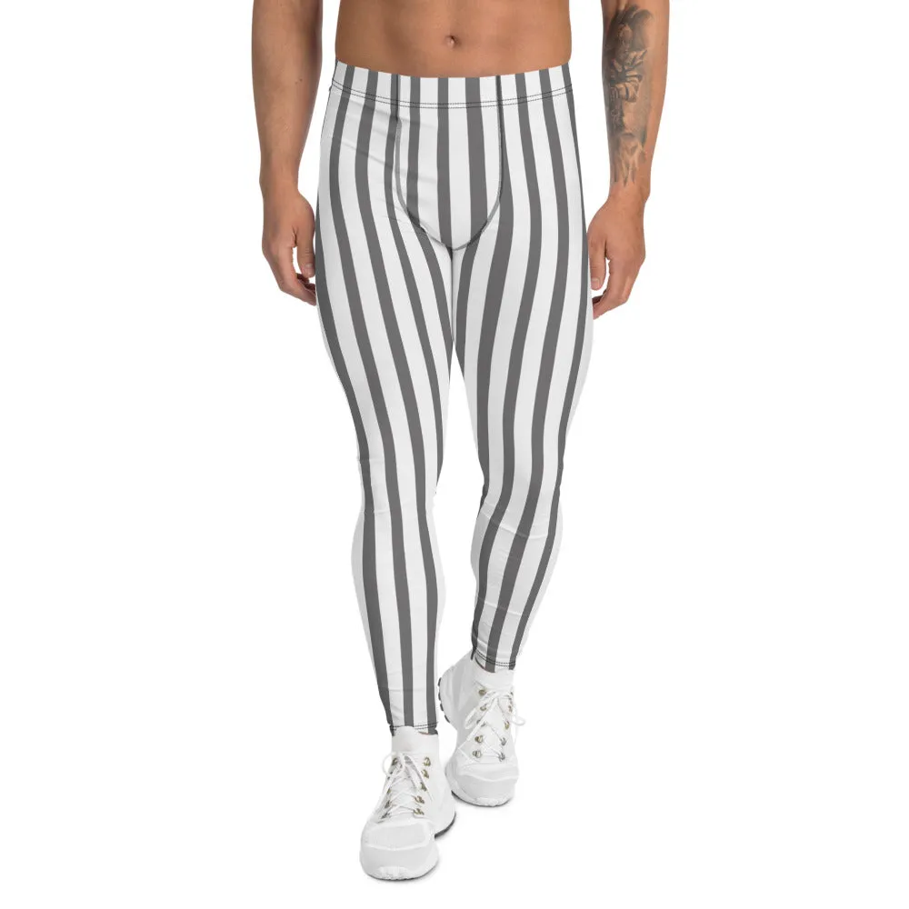 Grey Vertical Striped Men's Leggings, Circus Festival Rave Minimalism Meggings-Made in USA/EU