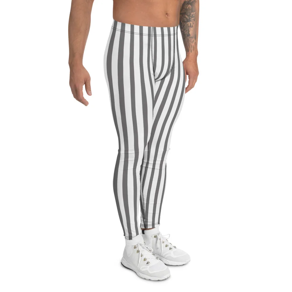 Grey Vertical Striped Men's Leggings, Circus Festival Rave Minimalism Meggings-Made in USA/EU