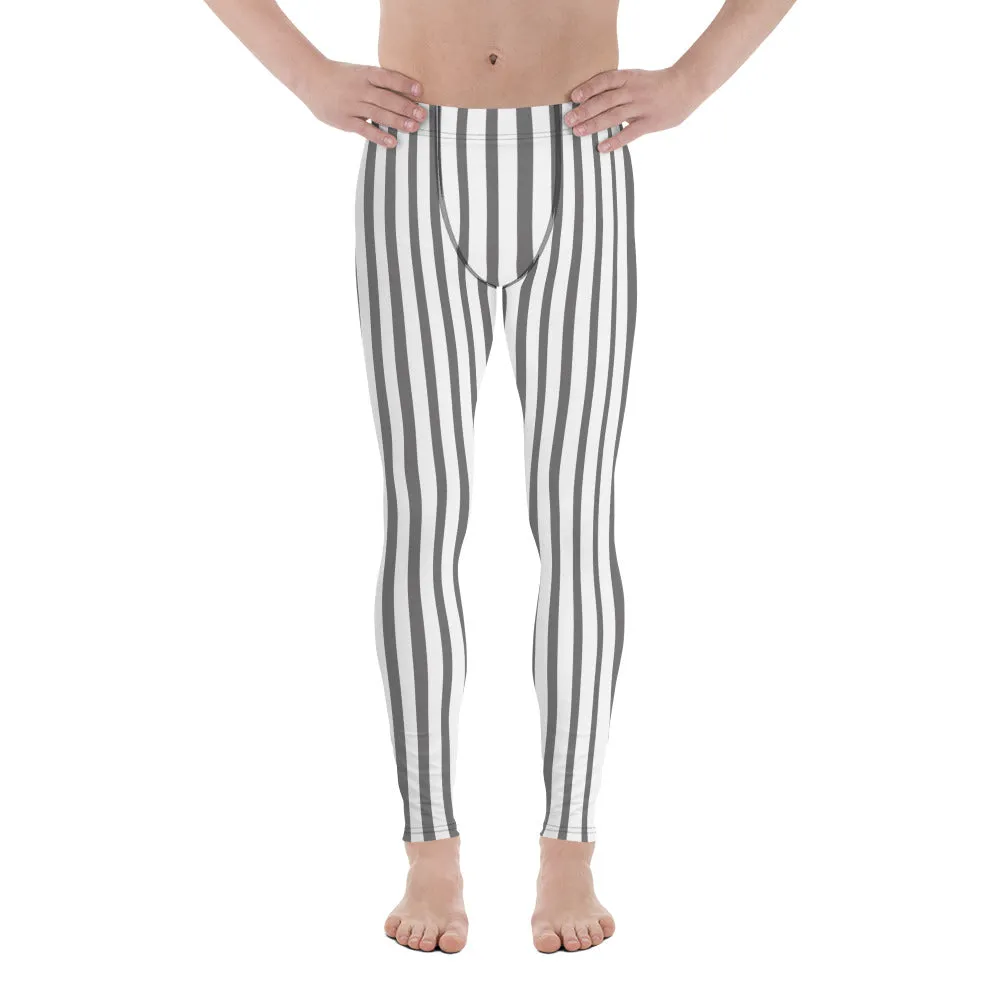 Grey Vertical Striped Men's Leggings, Circus Festival Rave Minimalism Meggings-Made in USA/EU