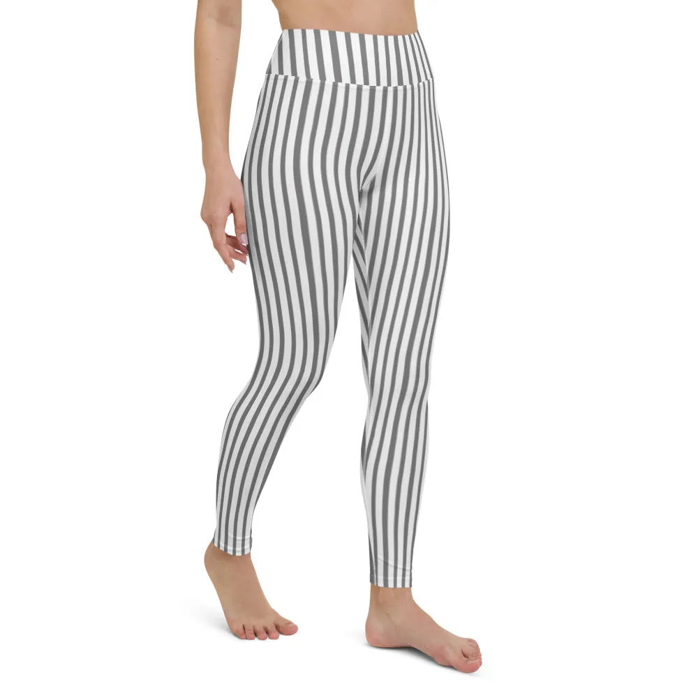 Grey White Striped Yoga Leggings, Vertically Striped Long Women's Long Tights-Made in USA/EU/MX