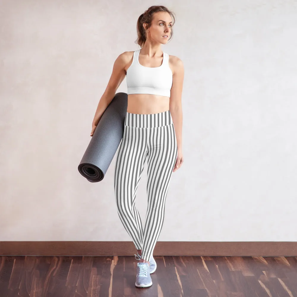 Grey White Striped Yoga Leggings, Vertically Striped Long Women's Long Tights-Made in USA/EU/MX